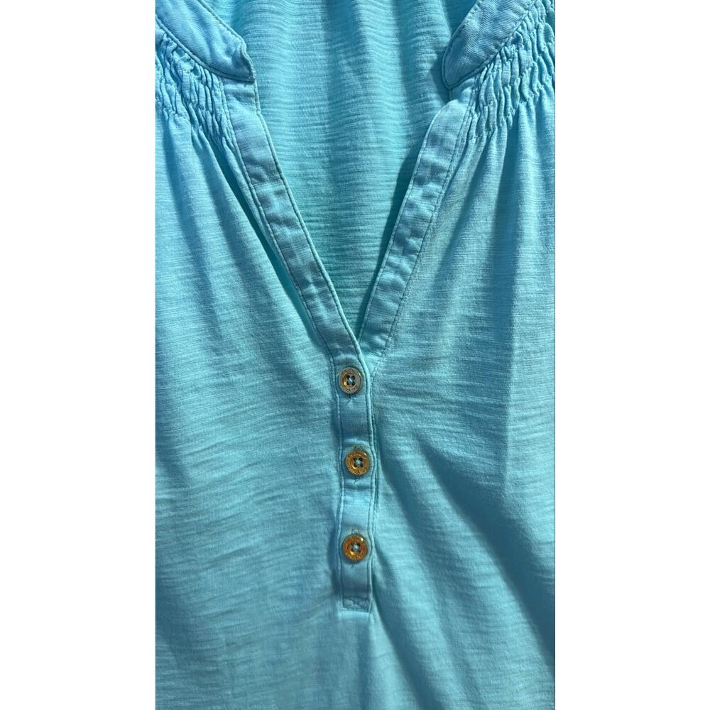 Lilly Pulitzer Womens Large Aqua Sleeveless Tank Top Smocked Yoke Henley Casual - Picture 3 of 12